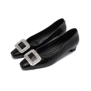 Pumps élégantes en cuir verni <span class=keywords><strong>noir</strong></span> à bout <span class=keywords><strong>carré</strong></span> et <span class=keywords><strong>talon</strong></span> bas avec boucle en strass pour les occasions spéciales, les mariages, le bureau, les femmes - Product Image 6