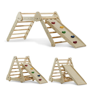 Cadre d'escalade en bois Montessori pour enfants Ensemble de jouets d'intérieur avec toboggan en bois Swing Rock Climbing - Product Image 1