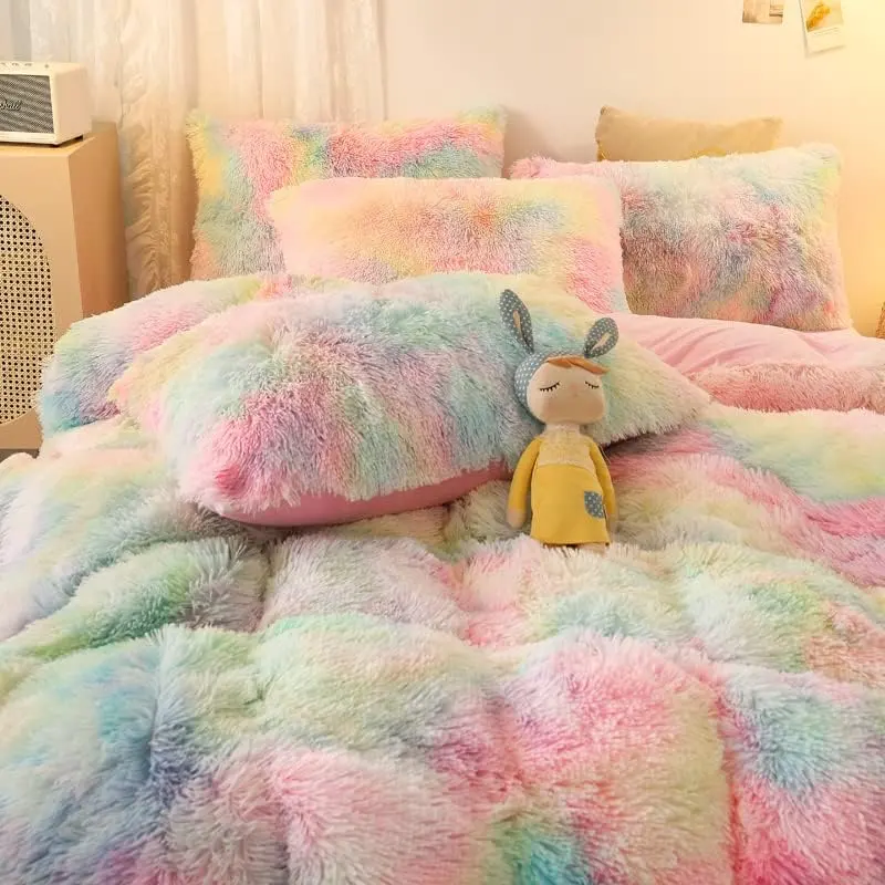 Ensemble de draps de lit en fausse fourrure velours moelleux en peluche couleur arc-en-ciel 4 pièces aide au sommeil chaud housse de couette housse de couette reine