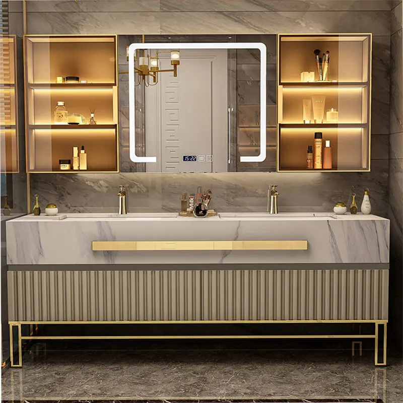 Encimera de pizarra de diseño estriado de lujo personalizado, tocador de gabinete de baño de doble fregadero con espejo inteligente