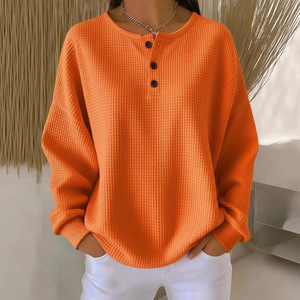 Pull en tricot gaufré coupe ample couleur unie col rond manches longues pour femme Orange S M L XL 2XL 3XL 4XL 5XL - Product Image 1