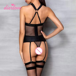 Ensemble de lingerie résille noir Dierlove pour femme, soutien-gorge halter sexy en maille, porte-jarretelles, bas et body résille intime - Product Image 2