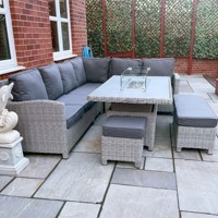 Meubles de patio en forme de L, salle à manger extérieure, canapé en osier avec table à foyer levant, ensemble canapé d'angle en rotin de jardin avec pouf