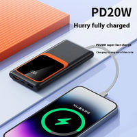 Batterie externe portable 20000 mAh étanche au lithium polymère avec 2 câbles de données intégrés, charge rapide PD 22,5 W et écran LED