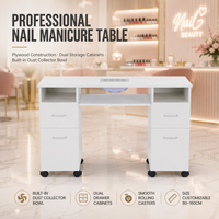 Table de manucure professionnelle au design contemporain en contreplaqué, poste de travail de salon avec bac de collecte de poussière, double tiroirs et roulettes