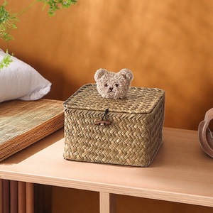 Japanese Style Rattan Woven Storage <b>Basket</b> With Lid Rectangle Eco Friendly Desktop Organizer For Cosmetics And Miscellaneous - Product Image 2