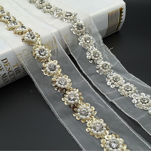 Handmade Wide Border Sequin <strong>Beaded</strong> Organza Lace <strong>Trim</strong> for Ladies Clothes - Product Image 3