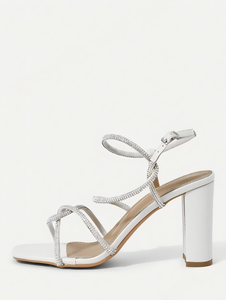 Elegante zomerse dames sandalen met vierkante neus, strass steentjes, PU, hoge schacht, instapper, trendy, ultrahoge dikke hakken - Product Image 2