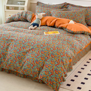 Floral Duvet Cover Set Washed Cotton Breathable <b>Bedding</b> Three Or Four Piece Home Use Skin Friendly All Seasons - Product Image 2