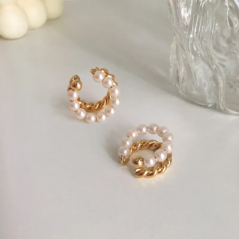 Double Layered Brass Imitation Pearl Ear Cuffs Twisted Rope Cartilage without Piercing Boho Minimalist Fashion Jewelry 2021 Hot