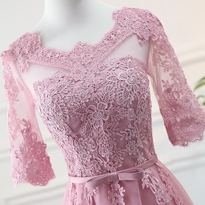 Bridesmaid Dress Pink Lace Tulle Mid Length Sweetheart Neckline Formal Evening Gown For Women - Product Image 3