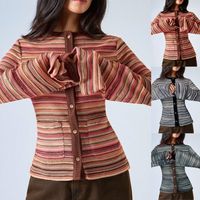 2026 Herbst Neu Eleganter Slim-Fit Gestreifter Mohair Doppelreihiger Neckholder-Cardigan mit Spitze und regulären Ärmeln für Damen – Cross-Border