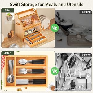 Boîte à pain en bois avec tiroirs et porte en verre, grande capacité de rangement pour comptoir de cuisine - Product Image 4