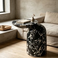 Table d'appoint de luxe en marbre noir naturel, pièce unique, ronde, moderne, pour salon, salle à manger, avec base tambour, table d'appoint de canapé