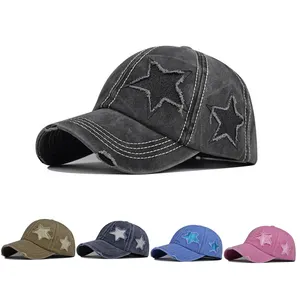 European and American Retro Washed Denim Hole Five-pointed Star Ponytail Baseball Caps Custom Adjustable Star Pattern Hats