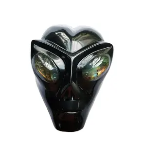 Черные обсидиановые черепа Инопланетянина с лабрадоритовыми глазами, рельефная статуя из натурального кристалла