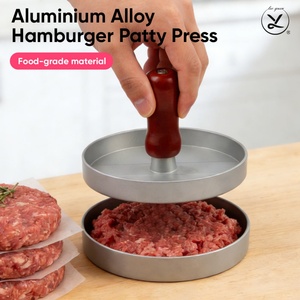 Wholesale Aluminum Alloy Manual Meat Press Three-<b>Grid</b> Meat Cake Tool with Wooden Handle Customizable Kitchen Gadget - Product Image 1