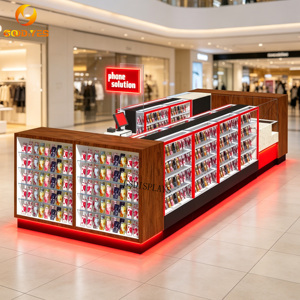 Lussuoso Bancone Espositivo in Legno di Noce <span class=keywords><strong>Rosso</strong></span> per Telefoni Cellulari con Illuminazione LED e Chiosco per Accessori Telefonici - Product Image 2
