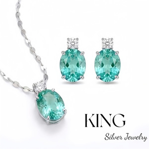 Joyería King Silver, conjunto de collar y pendientes de plata de ley S925 con cristal verde menta, estilo retro de moda para uso diario. - Product Image 5