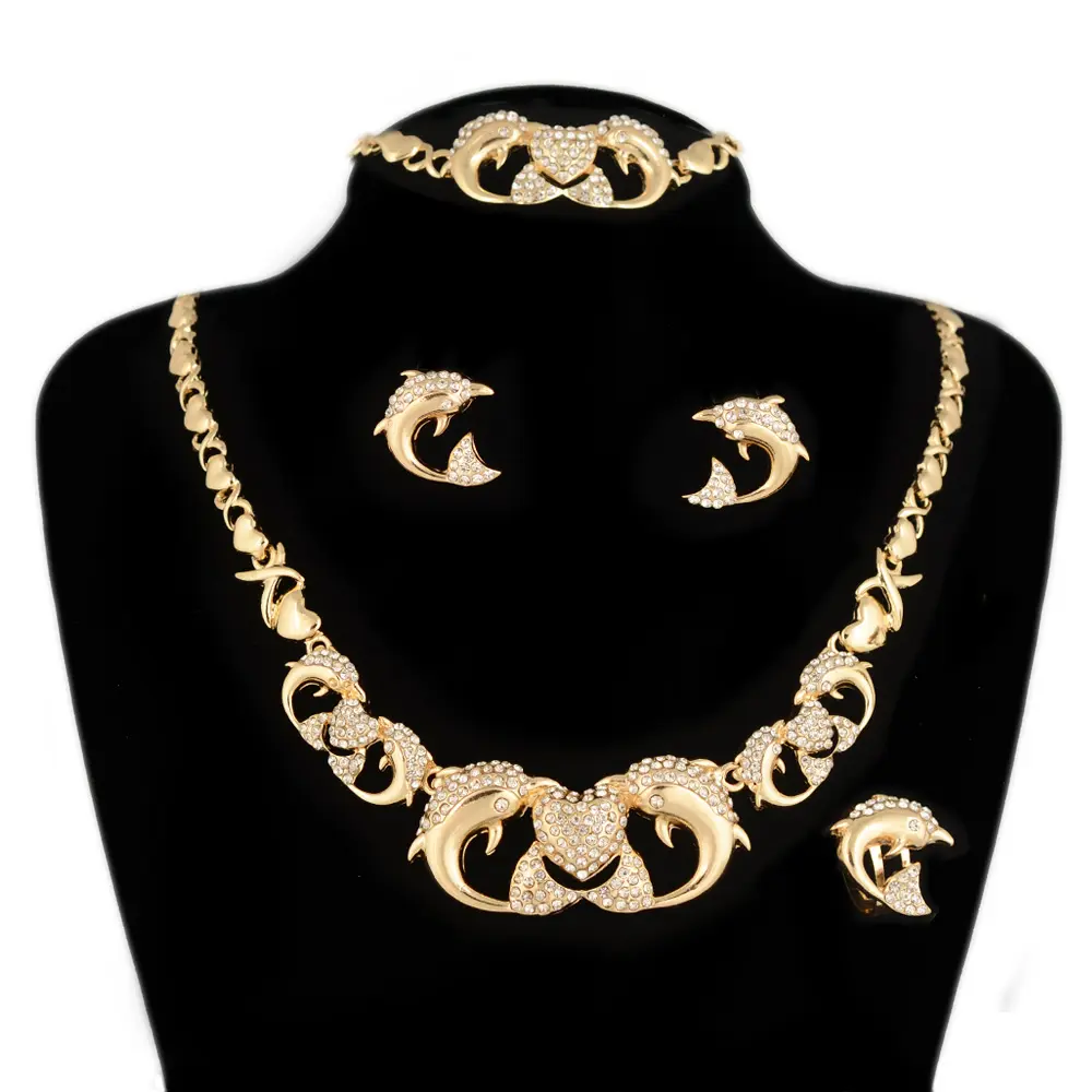 BPOYB-Conjunto de 4 piezas de joyería para mujer, collar y pendientes con forma de delfín de cristal, 18K, chapado en oro