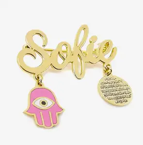 Inspire jewelry baby name brooch safety baby pins customized baby Ayatul kursi charm enamel evil eyes Hassam and charm