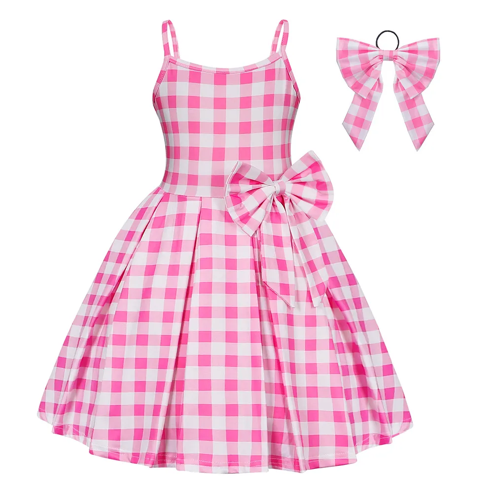 핑크 격자 무늬 A 안감 스트랩 원피스 라운드 넥 보우 허리 등이없는 니트 면 캐주얼웨어 민소매 여름 드레스