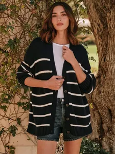 <span class=keywords><strong>Cardigan</strong></span> Casual Feminino Blubelle 100% Algodão Tricotado com Decote em V Listrado Moda Outono Inverno Respirável Longo Solto - Product Image 2