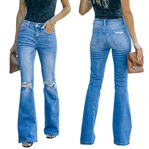 กางเกงยีนส์ผู้หญิงสีฟ้าอ่อน ยืดหยุ่นสูง ระบายอากาศได้ดี ทรงขาบาน กระดุมสวยหรู เอวสูง สไตล์ลำลองสำหรับฤดูร้อน ขายส่งราคาถูก - Product Image 4