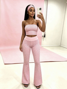 Ensemble <span class=keywords><strong>3</strong></span> pièces élégant pour <span class=keywords><strong>femme</strong></span> : haut bustier à pois avec logo personnalisé, pantalon évasé taille haute longueur cheville – <span class=keywords><strong>Tenue</strong></span> d'été - Product Image 6