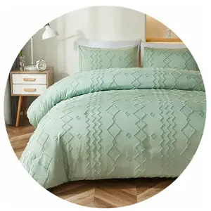 Ánh Sáng Màu Xanh Lá Cây Tufted Jacquard Bed Set 1 Duvet Cover & 2 Pillowcase Vua Kích Thước Dễ Dàng Để Chăm Sóc
