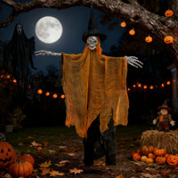 Décoration suspendue pour fête d'Halloween, sorcière gothique squelette, décoration suspendue, 90 cm, tissu + plastique, détails pailletés, orange noir, déchiré