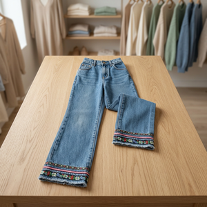 Jean évasé vintage pour femme, brodé sur mesure, coupe slim, pattes d'éléphant, grande taille, coupe bootcut, taille haute, longueur intégrale, en coton et élasthanne - Product Image 3