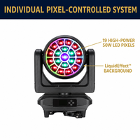 Projecteur Wash à tête mobile 19x50W RGBL IP65 étanche, contrôle ArtNet par pixel, refroidissement liquide, zoom 6-55 degrés