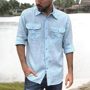 Chemise en coton et lin pour <span class=keywords><strong>homme</strong></span>, manches longues, couleur unie, décontractée, col à revers, double poche, chemise classique, vêtements <span class=keywords><strong>tendance</strong></span> pour <span class=keywords><strong>homme</strong></span> - Product Image 4