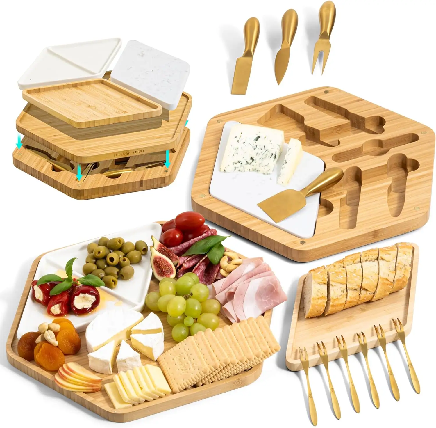 Fabrik Bambus-Käsebrett und Messerset für Familienunterhaltung Chartusserie Brett Geschenk-Set Käse Schneidebrett Serviertablett