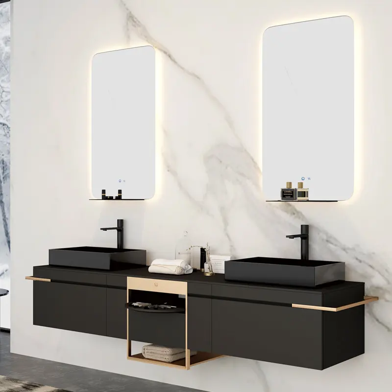 GODI Modern duvar montaj banyo Vanity otel katı ahşap tuvalet depolama dolabı takım mermer yüzer Vanity