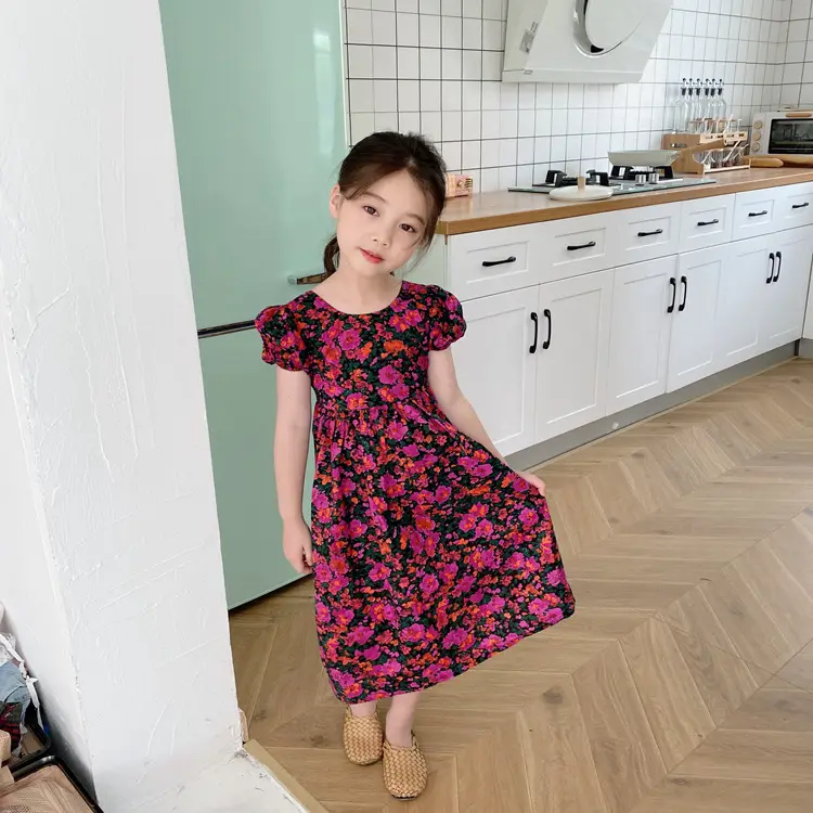 2021 New Fashion Kleinkind Mädchen Kurzarm Blumen kleid Stilvolles Mädchen Rote Blumen Print Kleid 2-6T