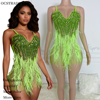 Ocstrade Prêt à expédier - Chat avant commande - Nouvelle robe de soirée mini en plumes vertes et cristaux pour femme, idéale pour anniversaire ou club, avec strass
