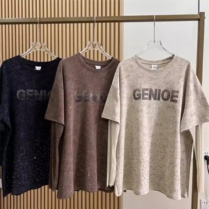 T-shirt deux pièces en or à manches longues pour femmes surdimensionnées Hot Rhinestone Design Gymnus Sense Chubby Girls <span class=keywords><strong>Top</strong></span> - Product Image 3