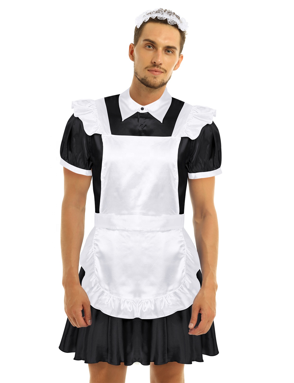 Sissy Mens Vestido de Empregada Cosplay Traje Sopro Manga Botão Frontal Para Baixo Vestido com o Avental e Cabeça para o Dia Das Bruxas