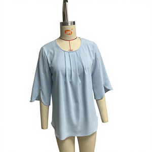 Chemise à manches trois quarts en mousseline de soie douce décontractée en polyester pour femmes, nouvelle collection été, couleur unie, col rond, coupe régulière, anti-boulochage - Product Image 6