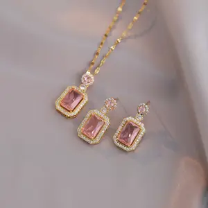 Collier en cristal rose pour fille, boucles d'oreilles, bijoux, accessoires, chaîne en acier inoxydable pour femme