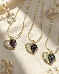 Collar de Corazón de Zirconia Bicolor Chapado en Oro al por Mayor de Fábrica, Colgante de Corazón con Cristales Pavé Multicolor, Joyería de Moda para Mujer - Product Image 4