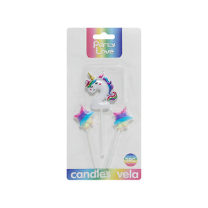Bougies d'anniversaire licorne Party Love, lot de 3 avec étoiles, 6 cm - Product Image 1