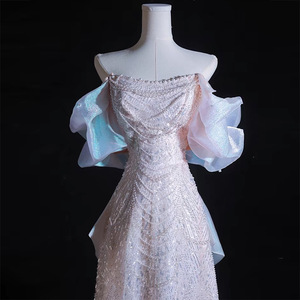 Mermaid Evening Gown For Women Off The Shoulder Ruffles Natural Waist Pink Color Coming Of Age Ceremony Dress - Product Image 4