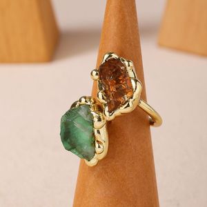 Bague artisanale irrégulière en or double pierre, avec fluorite, améthyste et citrine, ajustable, bijou de mode - Product Image 2