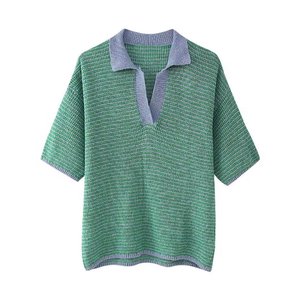 Nouveau produit Explosion ensemble de pulls pour femmes bloc de couleur pull à col rabattu à manches courtes ensemble anti-rides pour femmes - Product Image 2