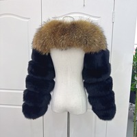 Veste Courte en Fourrure de Renard et de Raton Laveur Double Trame de Luxe de Haute Qualité RX Furs avec Deux Manches Longues en Fourrure pour Femme