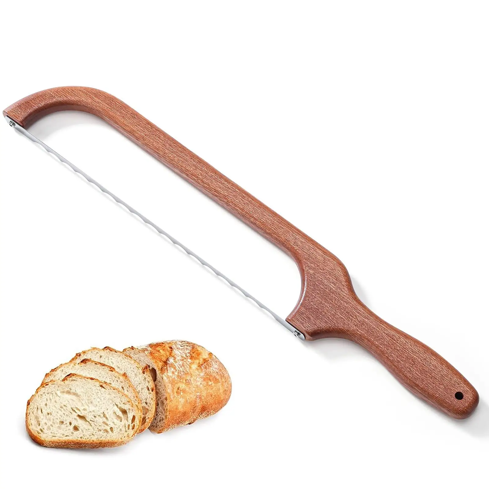 Faca de madeira para pão com alça serrilhada de aço inoxidável, faca para pão e bagel, cortador de fermento com cabo de madeira