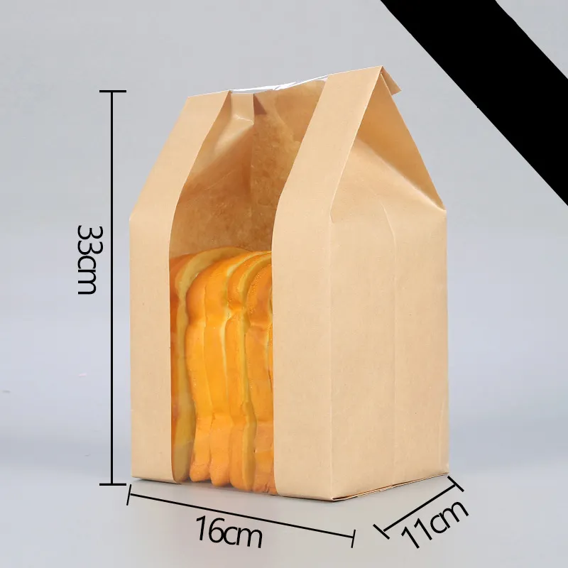 Bolsa de comida de papel kraft para pan con ventana transparente, a prueba de aceite, venta al por mayor